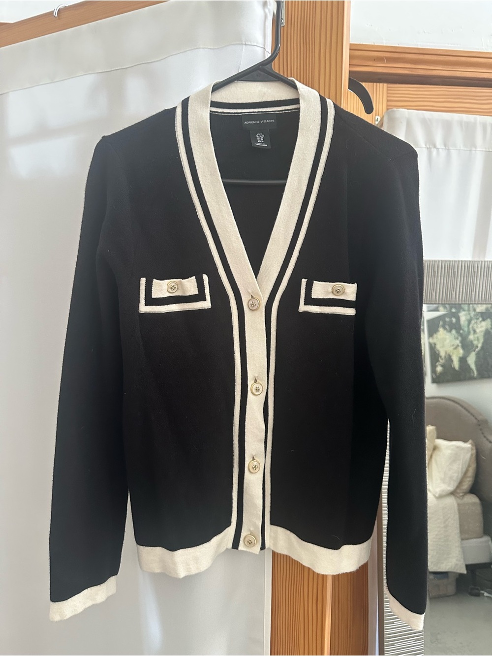 Adrienne Vittadini Black and Cream Trim V-Neck Cardigan
